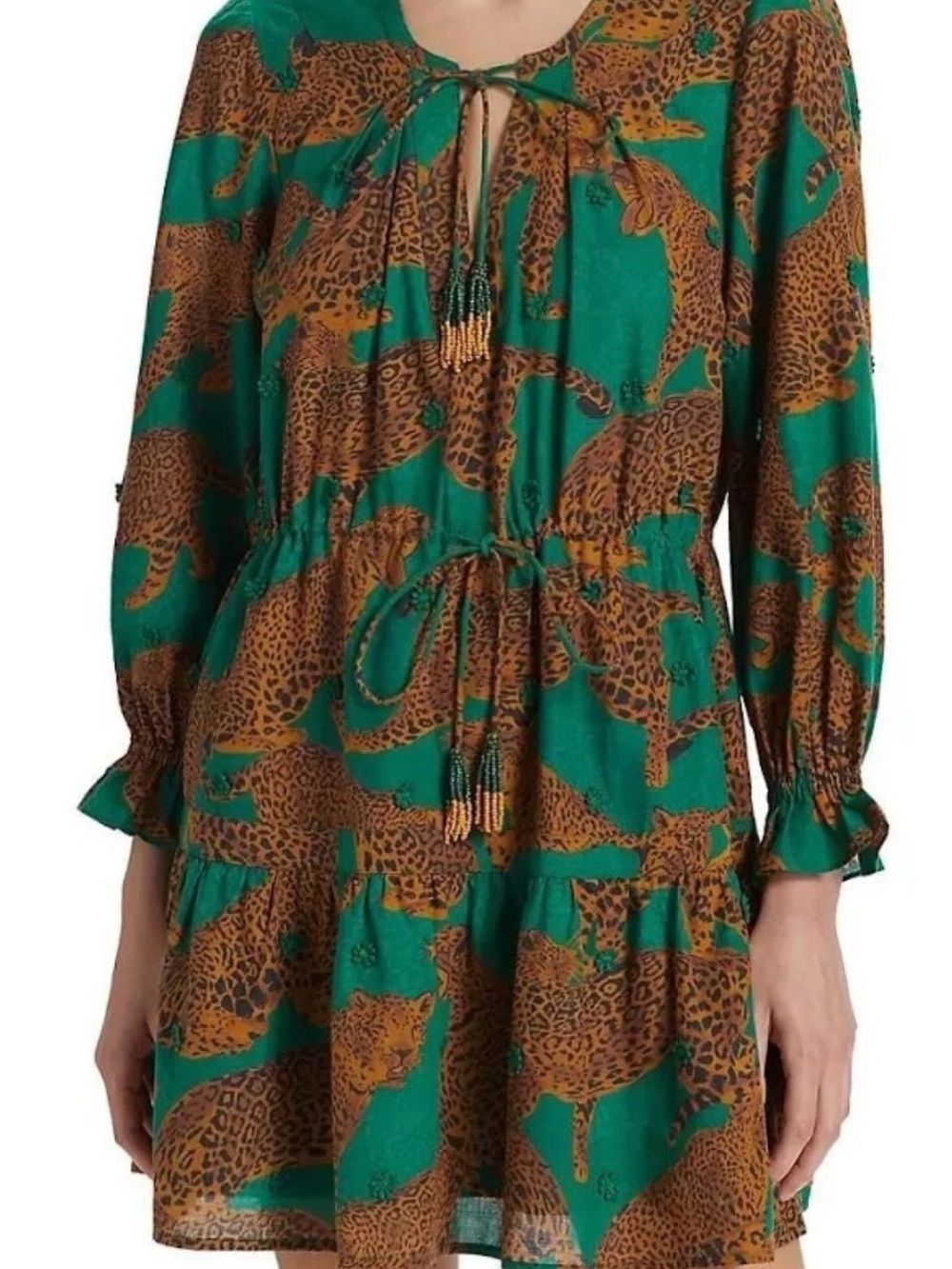 FARM Rio Green & Brown Leopard-Print Tie-Front Long Sleeve Dress new without tag